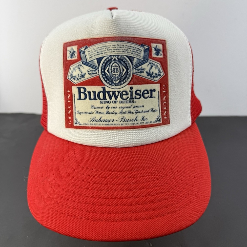 Vtg 80s Budweiser King of Beers Trucker Hat White Red Mesh JJ Dallas USA Cap
